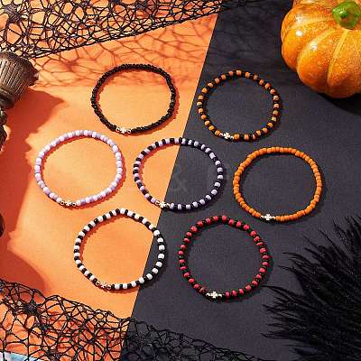 7Pcs Halloween Theme Glass Seed Round Beads Stretch Bracelets BJEW-JB12108-1
