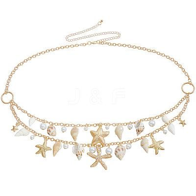 Natural Shell and Plastic Imitation Pearl and Iron Starfish Tassel Double Layer Waist Chains for Women AJEW-CP0011-35A-1
