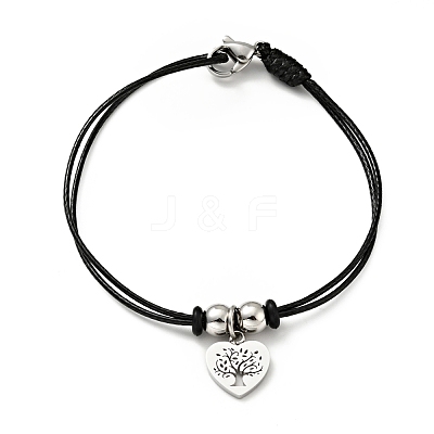 304 Stainless Steel Heart with Tree of Life Charm Bracelet with Waxed Cord for Women BJEW-A125-17-1