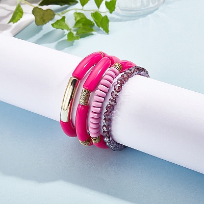 4Pcs 4 Style Acrylic Chunky Curved Tube Stretch Bracelet Sets BJEW-SW00074-01-1