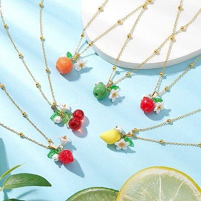 6Pcs 6 Styles Resin Fruit Pendant Necklaces NJEW-JN05204-1