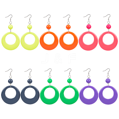 6 Pairs 6 Colors Donut Resin Dangle Earrings with Iron Pins for Women EJEW-AN0004-14-1