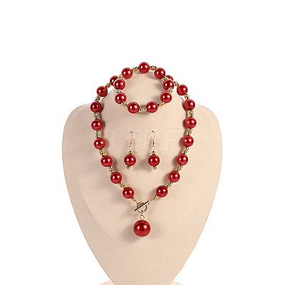 Plastic Imitation Pearl Round Beaded Pendant Necklaces & Dangle Earrings & Bracelets Sets for Women WG180C3-05-1