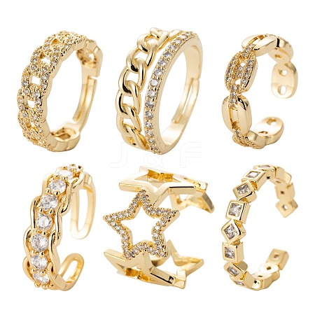 6Pcs 6 Styles Brass Micro Pave Cubic Zirconia Cuff Rings RJEW-LS0001-42G-1