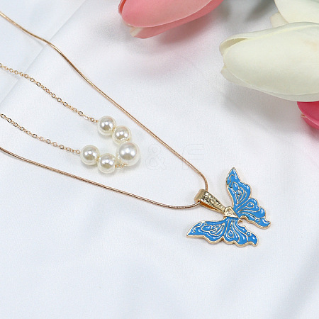 Alloy Enamel & Round Imitation Pearl Double Layered Butterfly Pendant Necklaces for Women WG304A4-04-1