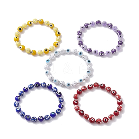 Round with Cross Acrylic & Handmade Evil Eye Lampwork Beaded Stretch Bracelets for Women BJEW-JB10186-1