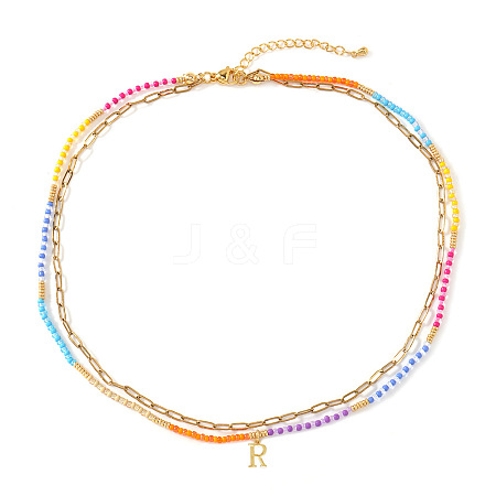 Colorful Glass Seed Beaded Initial Pendant Double Layer Necklaces QS3881-18-1