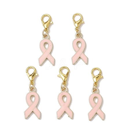 Pink Awareness Ribbon Shape Alloy Enamel Pendant Decorations HJEW-JM02287-1