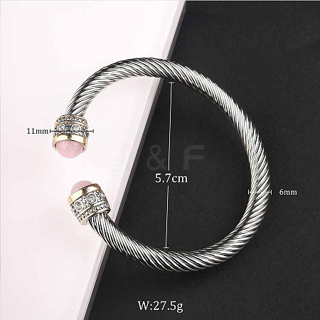 Adjustable C-shaped Stainless Steel Twist Open Cuff Bracelets with Natural Rose Quartz UG3207-5-1