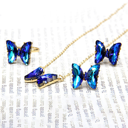 Butterfly Alloy Glass Pendant Necklaces & Stud Earrings & Rings Sets for Women WG31995-02-1