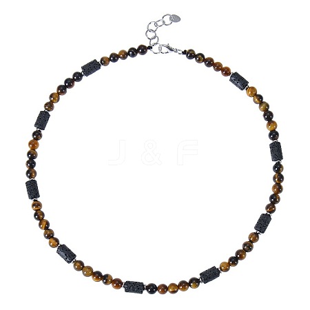 6MM Round Natural Tiger Eye and Column Natural Lava Rock Beaded Necklaces for Women Men LV4865-4-1