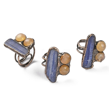 Rectangle & Round Natural Kyanite & Yellow Hematoid Quartz/Golden Healer Quartz Adjustable Rings RJEW-A041-03R-1