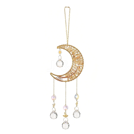 Natural Citrine Chip & Brass Moon Hanging Suncatcher Pendant Decoration PW23041119866-1