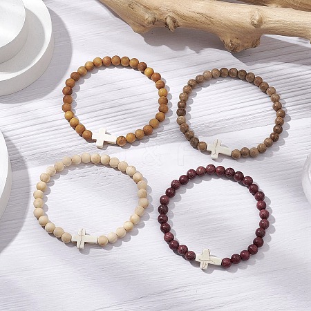 4Pcs Natural Wood Beads Stretch Bracelets for Women BJEW-JB11338-1