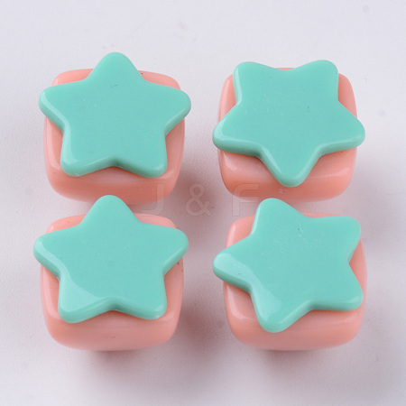  Jewelry Beads Findings Opaque Acrylic Beads, Two Tone, with Star Flat Plate, Half Drilled, Pyramid, Aquamarine, 16~17x16x13.5mm, Half Hole: 3.5mm