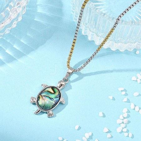 Natural Paua Shell 304 Stainless Steel Tortoise Pendant Two Tone Box Chain Necklaces for Women NJEW-JN06190-1
