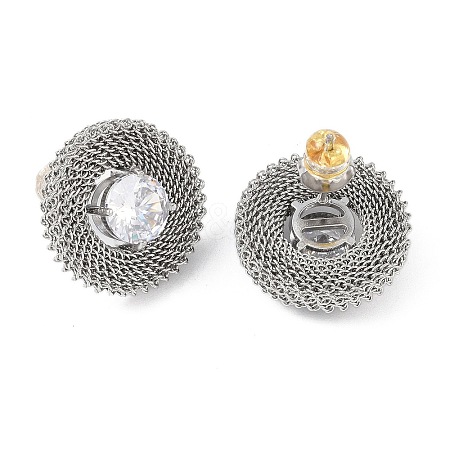 304 Stainless Steel Pave Cubic Zirconia Twisted Chain Disc Stud Earrings for Women EJEW-G390-06P-01-1