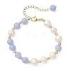 Natural Dyed Blue Lace Agate Beads & Cultured Freshwater Pearl Round Beaded Bracelets for Women BJEW-JB12708-1