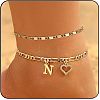 Brass Crystal Rhinestone Letter Heart Charm Double Layer Anklets for Women FS-WG41372-14-1