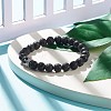 Natural Lava Rock Round Beaded Stretch Bracelet with Clear Cubic Zirconia Crown BJEW-JB07797-01-2