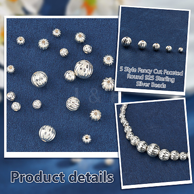 20Pcs 5 Style Fancy Cut Faceted Round 925 Sterling Silver Beads STER-PH0001-69-1