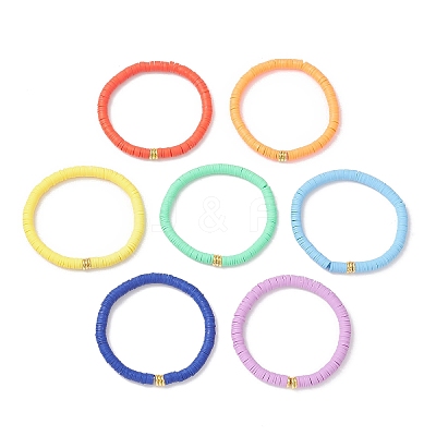 7Pcs 7 Colors Handmade Polymer Clay Heishi & Brass Bead Stretch Bracelets for Women BJEW-MZ00199-1