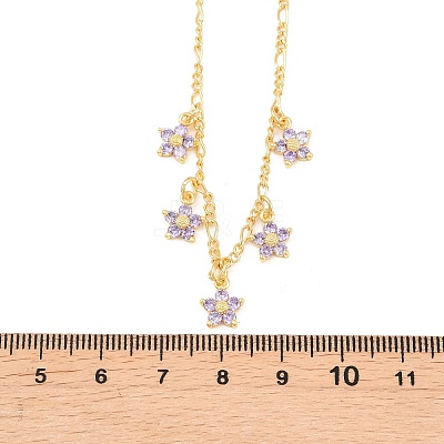 Brass Pave Lilac Cubic Zirconia Flower Pendant Figaro Chain Bib Necklaces for Women NJEW-F364-01G-1