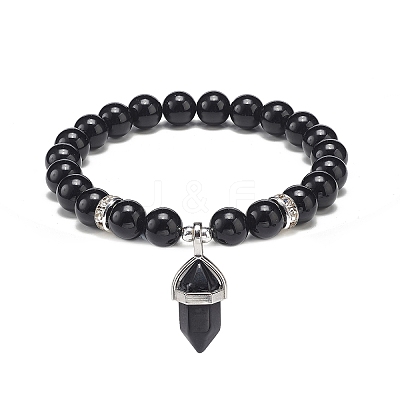 Natural Obsidian Round Beaded Stretch Bracelet with Bullet Charms BJEW-JB09018-05-1
