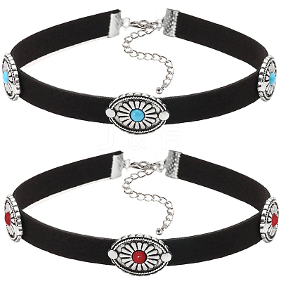 2Pcs 2 Colors Bohemian Alloy & Resin Imitation Turquoise Oval Velvet Choker Necklaces NJEW-CL0001-11-1