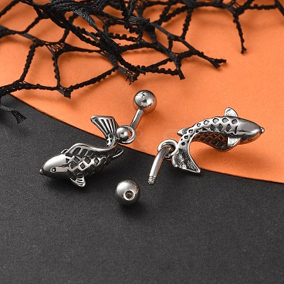 Fish 316 Surgical Stainless Steel Dangle Belly Button Rings EJEW-G416-15AS-1