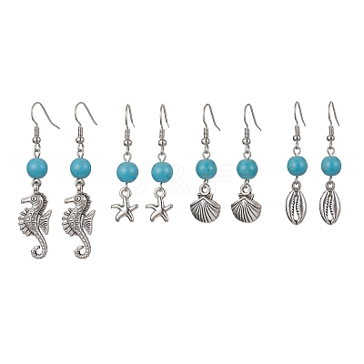 Synthetic Turquoise Beaded Dangle Earrings EJEW-JE05496-1