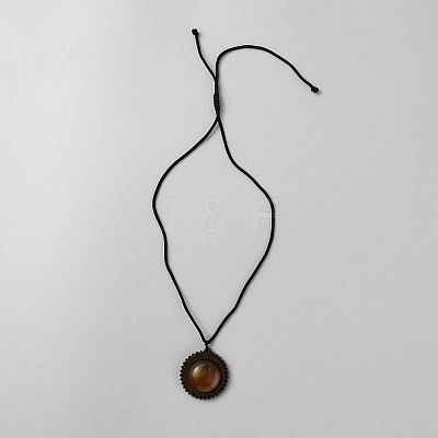 Natural Carnelian & Wood Flower Pendant Necklace with Adjustable Nylon Cords NJEW-WH0002-118B-1