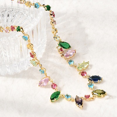 Brass Pave Colorful Cubic Zirconia Geometric Link Chain Necklaces NJEW-C111-03A-1