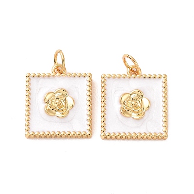 Square with Flower Pattern Brass Enamel Pendants KK-G435-09G-1