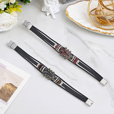 2Pcs 2 Colors Alloy & Leather Cord Bracelets for Men Women BJEW-CL0001-57-1