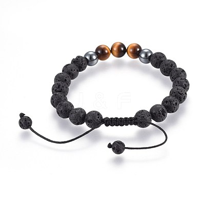 Natural Lava Rock and Non-Magnetic Synthetic Hematite Beads Braided Bead Bracelets BJEW-JB03975-25-1