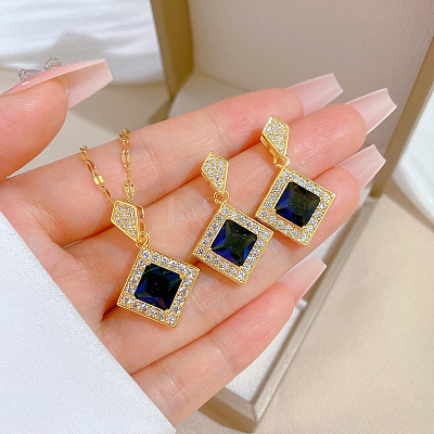 Brass Micro Pave Cubic Zirconia Pendant Necklace & Stud Earrings WG7AC39-42-1