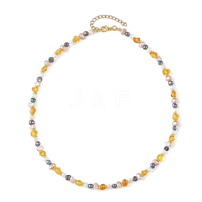 Natural Amber Beads & Cultured Freshwater Pearl Nuggets Beaded Necklaces NJEW-JN06406-1