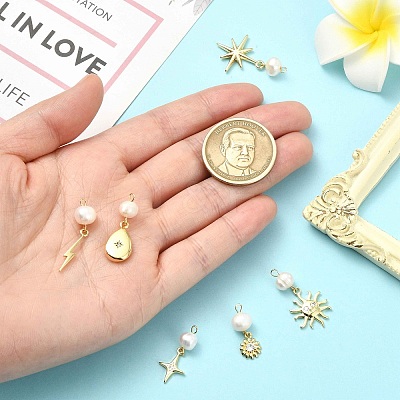 6Pcs 6 Styles Brass & Natural Pearl Flower Star Sun Pendants KK-CJ0002-77-1