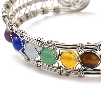Natural Mixed Gemstone Round Beaded Open Cuff Bangle BJEW-F459-01M-1