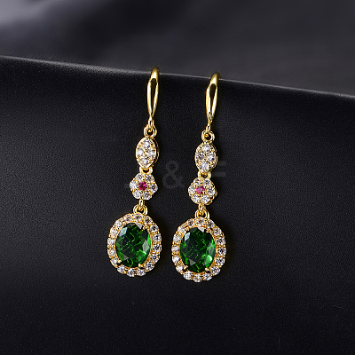 Brass Micro Pave Cubic Zirconia Oval Dangle Earrings for Women RE8265-1-1