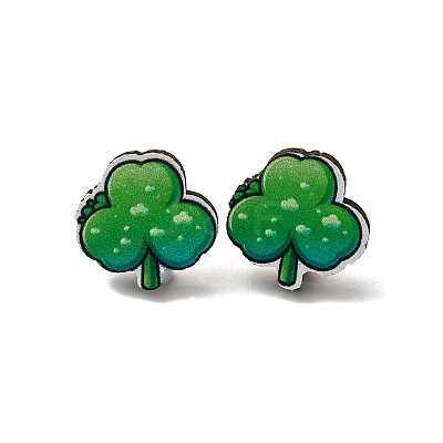 Saint Patrick's Day Green Wood Stud Earrings EJEW-D074-01B-1
