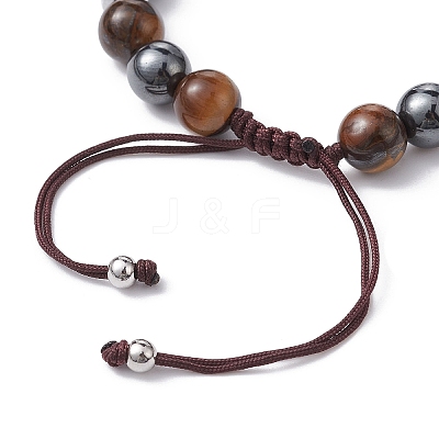 Natural Tiger Eye & Obsidian Round & Brass Cross Braided Bead Bracelets BJEW-JB09704-02-1