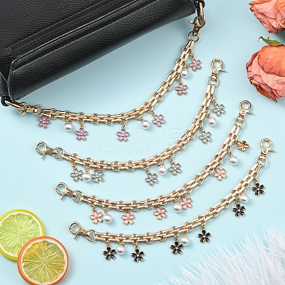 Alloy Enamel Flower with ABS Plastic Pearl Round Bead Charm Iron Chain Bag Decorative Chains HJEW-FS00054-02-1