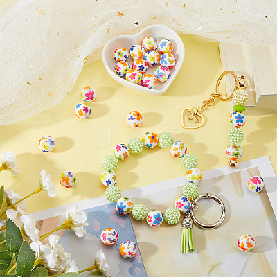 30pcs Round with Flower Pattern Silicone Focal Beads SIL-SC0002-03B-1