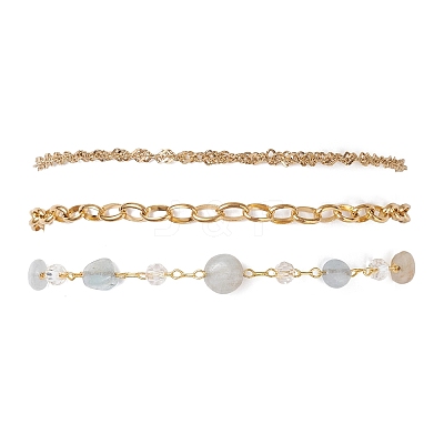Natural Labradorite Nuggets & 304 Stainless Steel Link Chain 3 Layer Anklets for Women AJEW-AN00743-03-1
