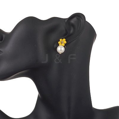 4 Pairs 4 Colors Glass & Shell Pearl Flower with Round Dangle Stud Earrings EJEW-TA00748-1