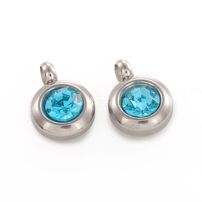 Trendy Original Color 304 Stainless Steel Grade A Rhinestone Flat Round Charm Pendants RB-M030-06N-1