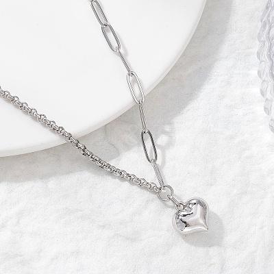 Alloy Heart Pendant 304 Stainless Steel Paperclip Chain & Rolo Chain Necklaces NJEW-JN05812-02-1