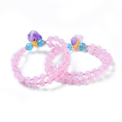 Natural Rose Quartz Stretch Multi-strand Charm Bracelets BJEW-I260-16-1